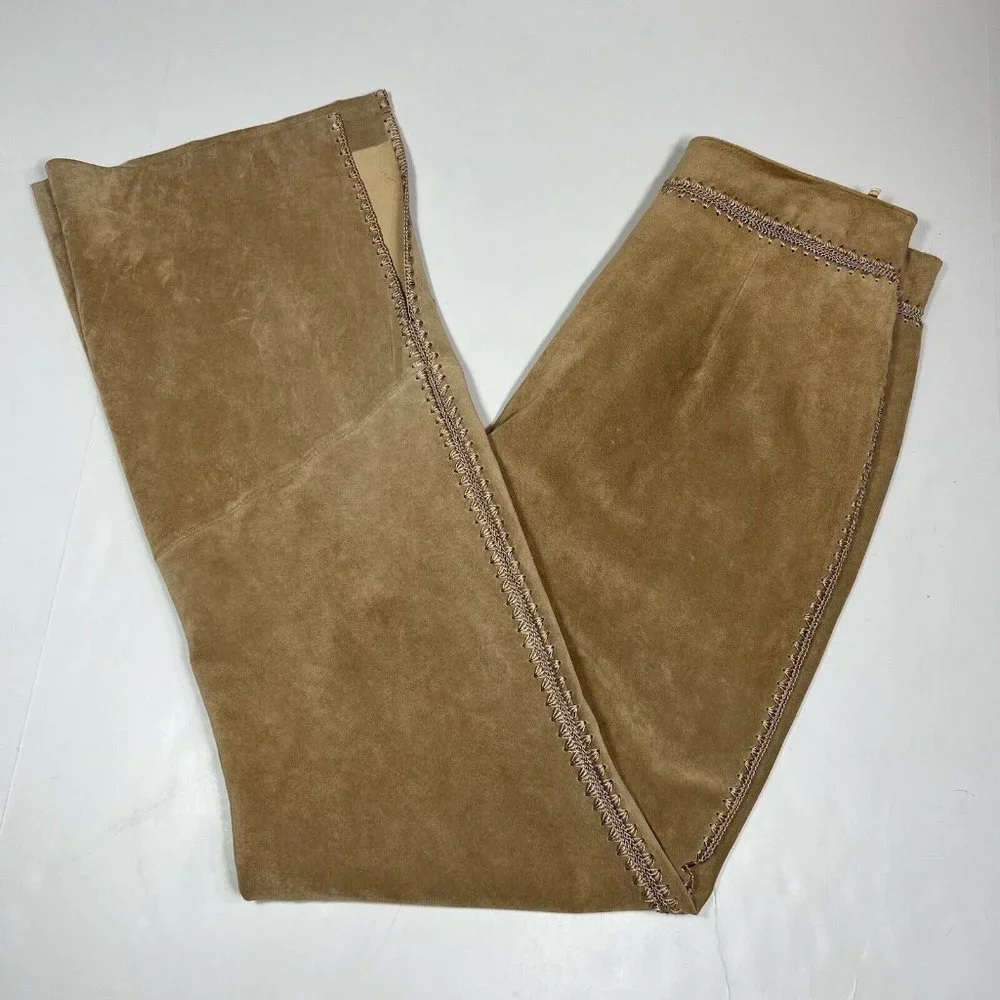 Betty Barclay Leather Suede Pant Trousers Womens US 10 Camel Tan Crochet Sides - Picture 12 of 12
